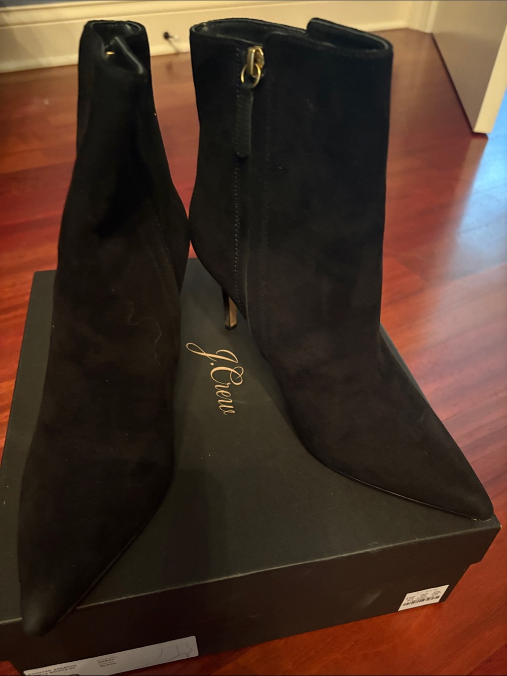 J. Crew Black Suede Pointed Toe Ankle Booties with Gold Zip